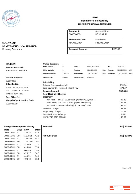 Dominica Electricity Services Limited electricity business utility bill word and pdf formats